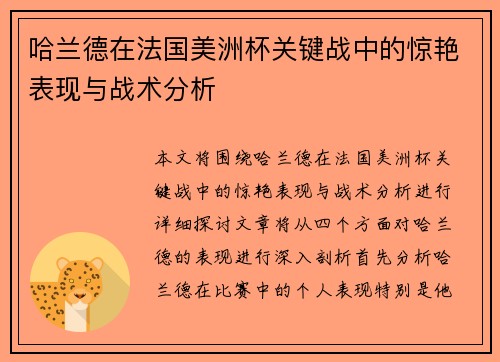 哈兰德在法国美洲杯关键战中的惊艳表现与战术分析